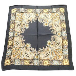 Paisley Floral Silk Scarf 27" Square Black Yellow Mint Accents Hand-Rolled